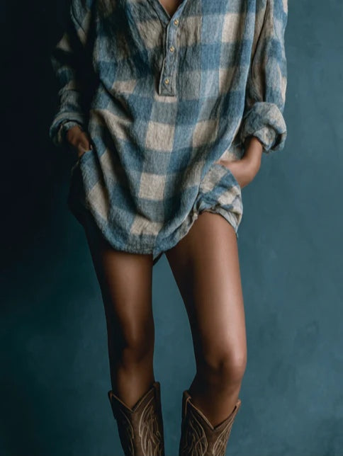 Blue and White Check Mini Dress with Buttons — view 3