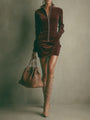 Faux Suede Mini Dress with High Collar and Zip, Caramel — view 2