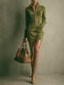 Faux Suede Mini Dress with High Collar and Zip, Caramel — view 3