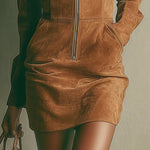 Faux Suede Mini Dress with High Collar and Zip, Caramel — view 5