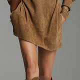 Mini Dress in Faux Suede with High Collar and Zip, Brown — view 3