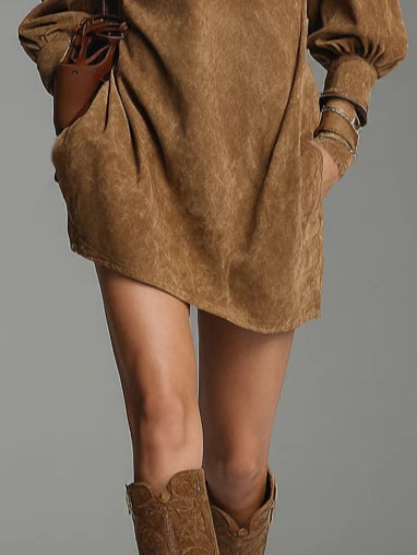 Mini Dress in Faux Suede with High Collar and Zip, Brown — view 3