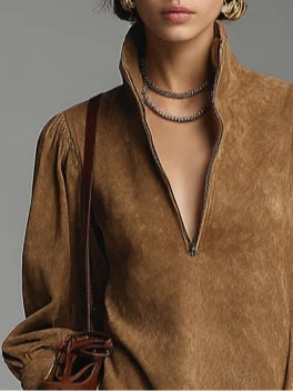 Mini Dress in Faux Suede with High Collar and Zip, Brown — view 2