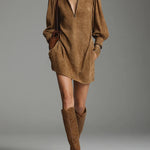 Mini Dress in Faux Suede with High Collar and Zip, Brown