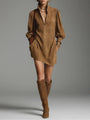 Mini Dress in Faux Suede with High Collar and Zip, Brown