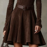 Retro Suede Mini Dress with High Neck, Dark Brown