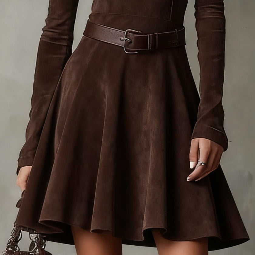 Retro Suede Mini Dress with High Neck, Dark Brown