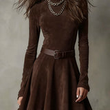 Retro Suede Mini Dress with High Neck, Dark Brown
