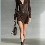 Embroidered Suede Mini Dress, Dark Brown