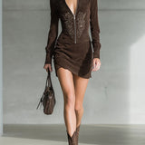 Embroidered Suede Mini Dress, Dark Brown