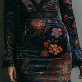 Fitted Mini Velvet Dress with Floral Pattern and V-Neck — view 5