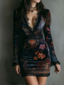 Fitted Mini Velvet Dress with Floral Pattern and V-Neck