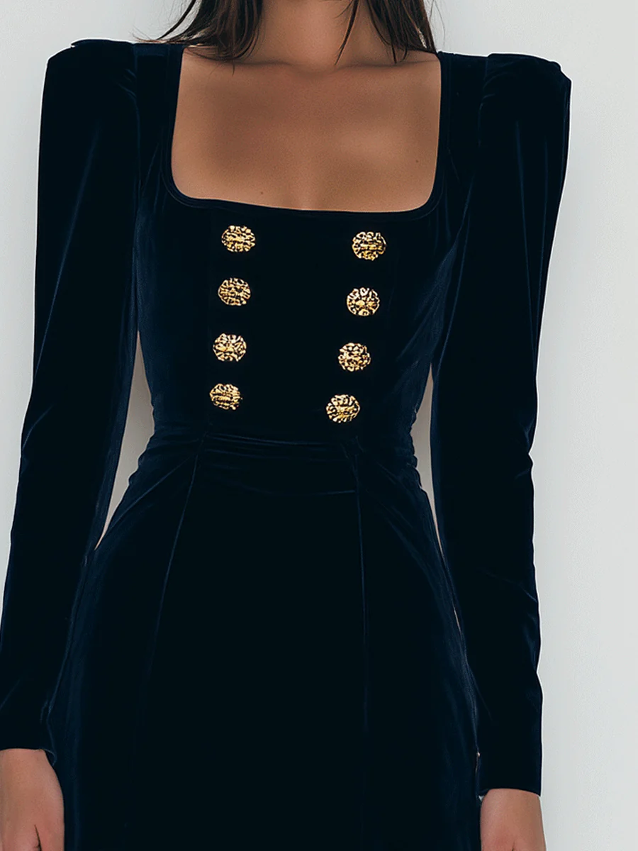 Elegant Blue Velvet Mini Dress with Gold Buttons — view 2