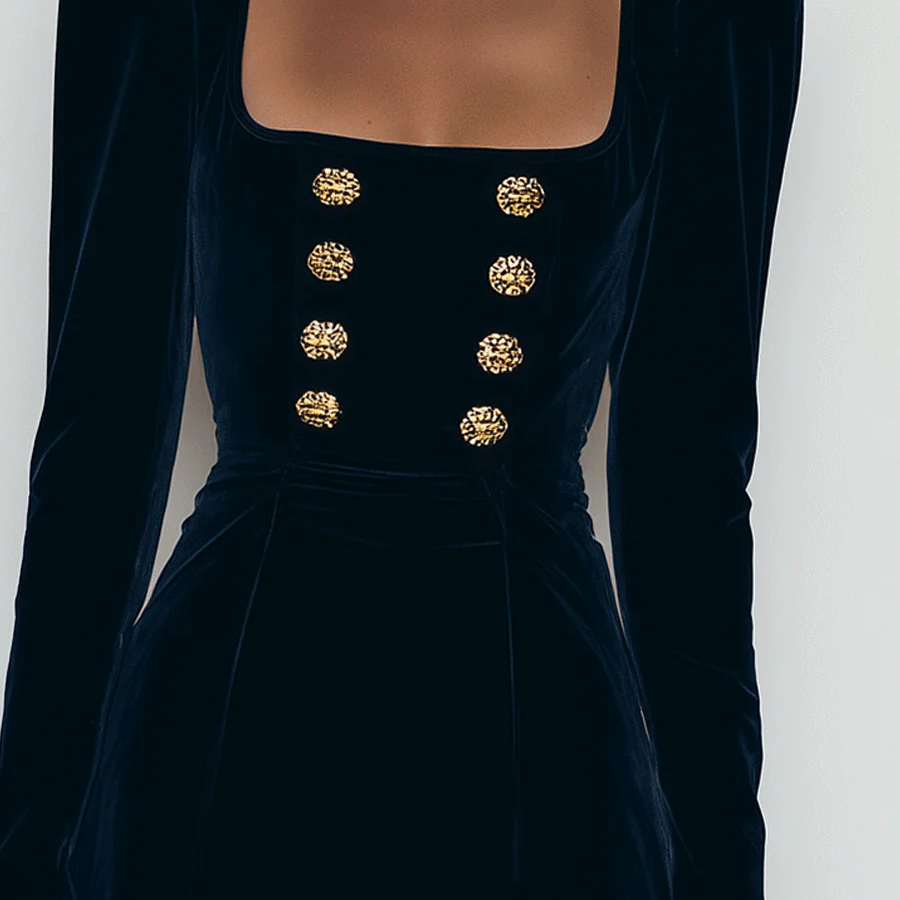 Elegant Blue Velvet Mini Dress with Gold Buttons — view 2