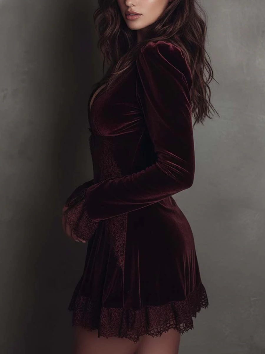 Burgundy Velvet Mini Dress with Lace — view 3