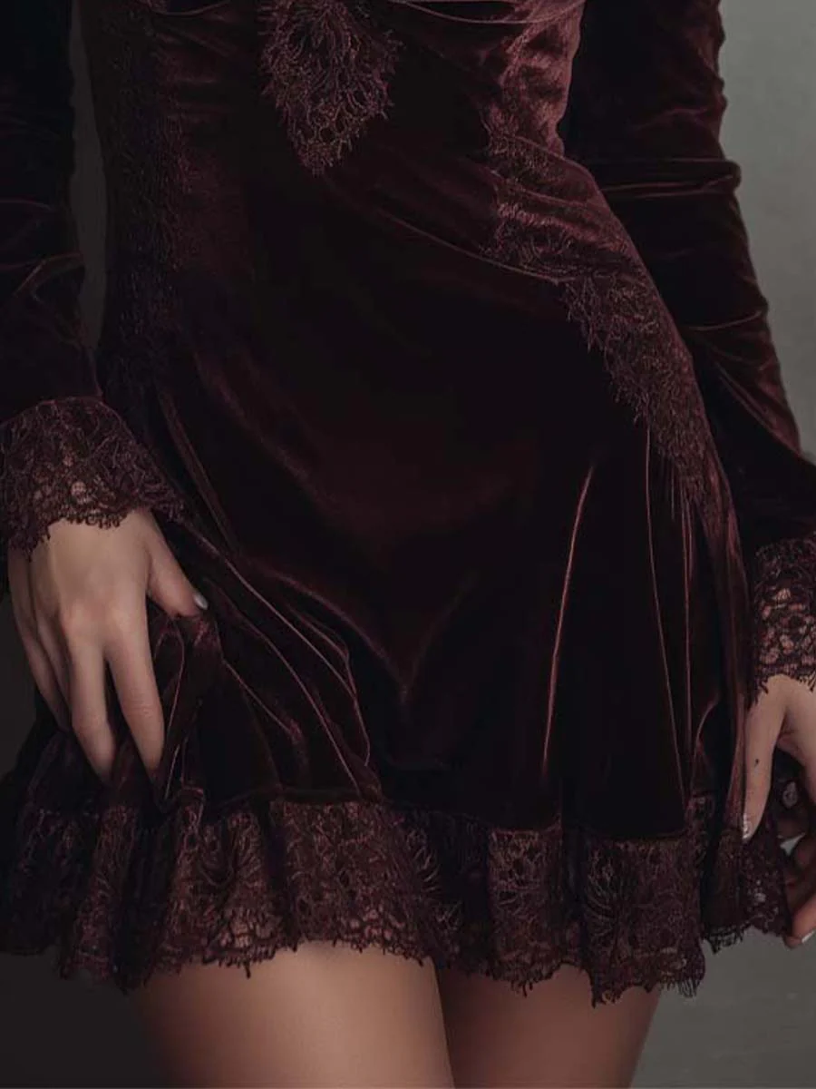 Burgundy Velvet Mini Dress with Lace — view 6