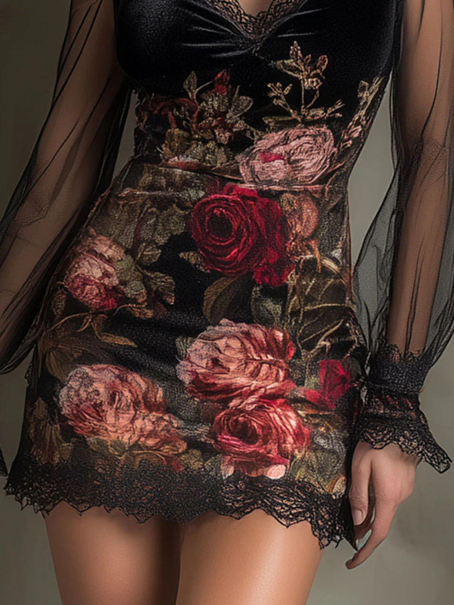 Mini Tulle Dress with Rose Pattern and Lace — view 6