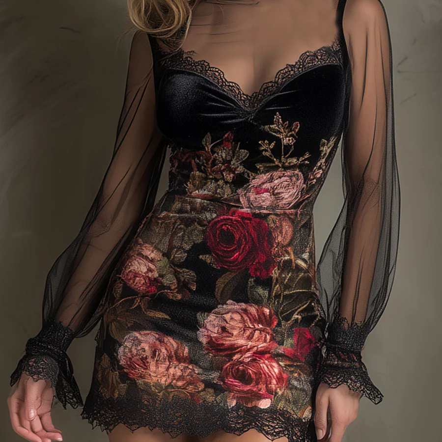Mini Tulle Dress with Rose Pattern and Lace