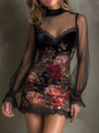 Mini Tulle Dress with Rose Pattern and Lace