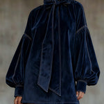 Dark Blue Velvet Mini Dress with Puff Sleeves