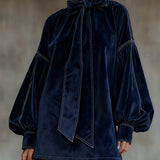 Dark Blue Velvet Mini Dress with Puff Sleeves