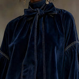 Dark Blue Velvet Mini Dress with Puff Sleeves — view 2