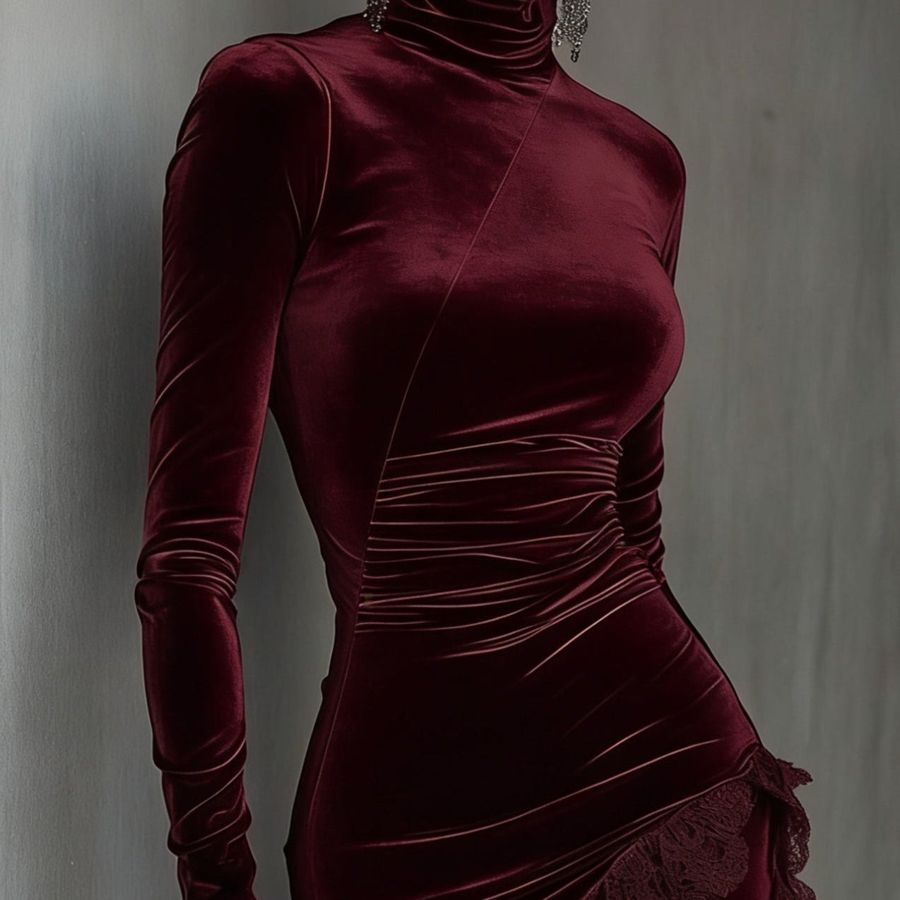 Bordeaux Velvet and Lace Fitted Mini Dress with High Neck — view 2