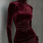 Bordeaux Velvet and Lace Fitted Mini Dress with High Neck — view 2