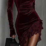 Bordeaux Velvet and Lace Fitted Mini Dress with High Neck — view 3