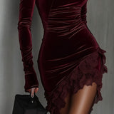 Bordeaux Velvet and Lace Fitted Mini Dress with High Neck — view 3