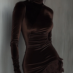 Fitted Chocolate Brown Velvet Mini Dress with High Neck and Lace — view 2