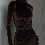 Fitted Chocolate Brown Velvet Mini Dress with High Neck and Lace — view 2