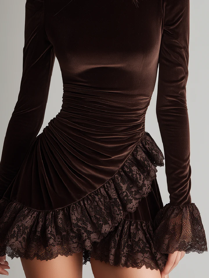 Mini Brown Velvet Dress with Folded Collar and Lace — view 3