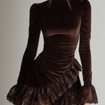 Mini Brown Velvet Dress with Folded Collar and Lace