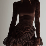 Mini Brown Velvet Dress with Folded Collar and Lace