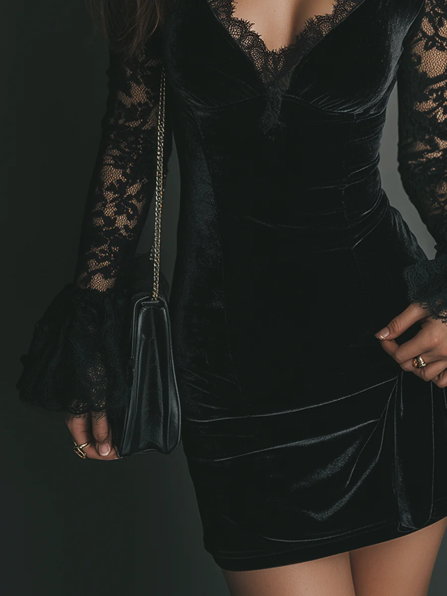 Black Velvet Mini Dress with Bell Sleeves and Lace — view 5