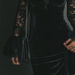 Black Velvet Mini Dress with Bell Sleeves and Lace — view 5