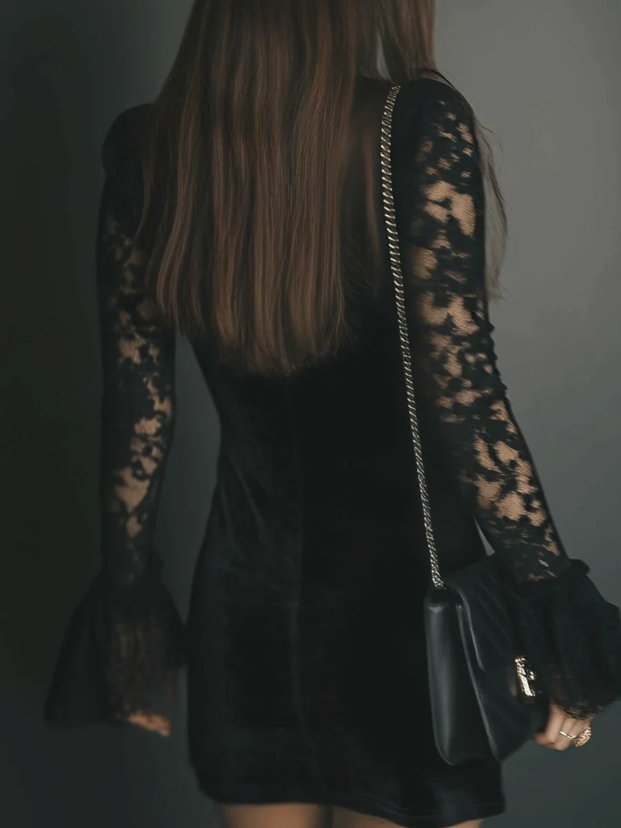 Black Velvet Mini Dress with Bell Sleeves and Lace — view 3