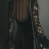 Black Velvet Mini Dress with Bell Sleeves and Lace — view 3