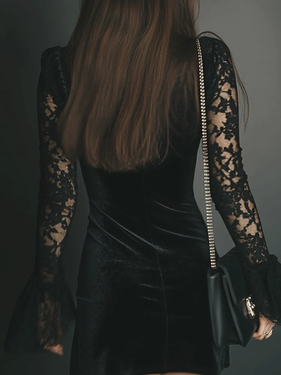 Black Velvet Mini Dress with Bell Sleeves and Lace — view 6