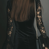 Black Velvet Mini Dress with Bell Sleeves and Lace — view 6