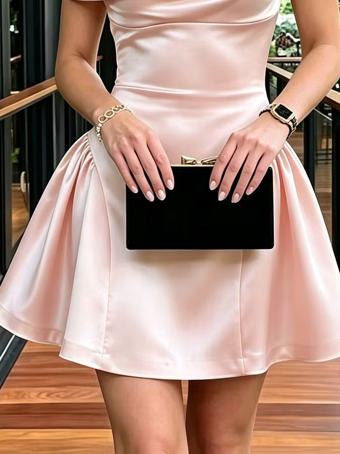 Pink Satin Mini Dress with Asymmetric Draped Shoulder — view 3