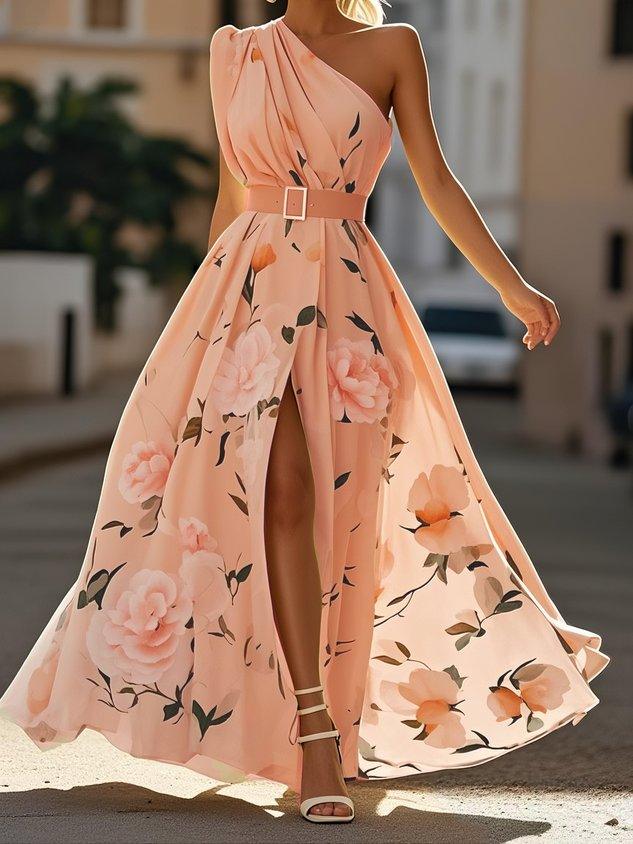 Sella - Ruched One Shoulder A-Line Maxi Chiffon Dress — view 7
