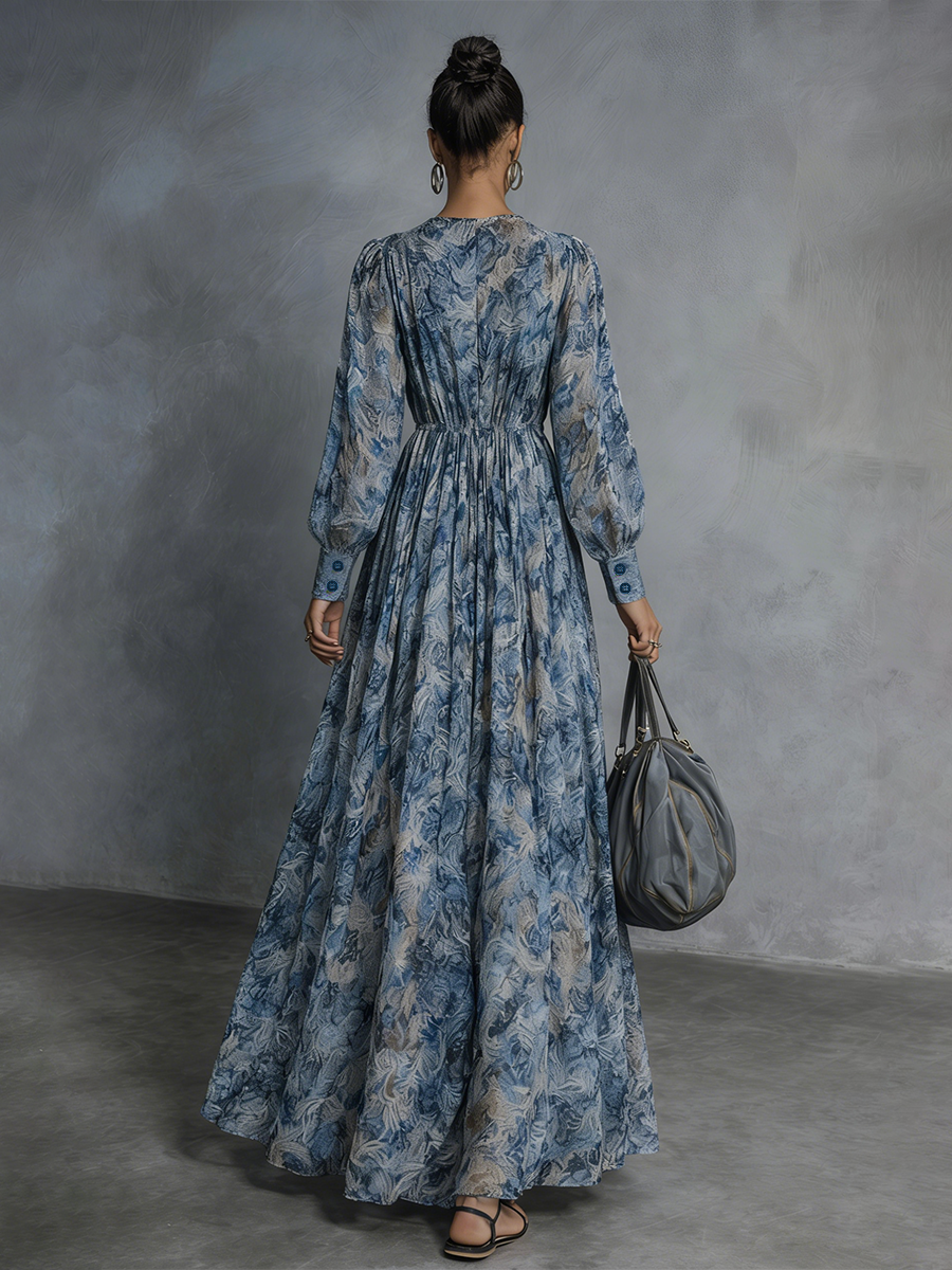 Grace - Bohemian Style Blue Floral Print Chiffon Maxi Dress — view 5