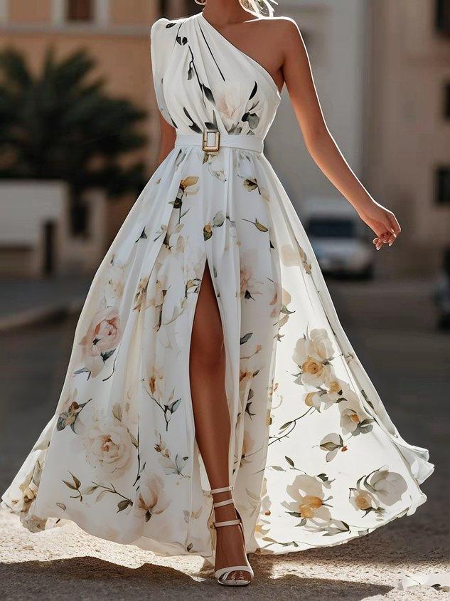 Sella - Ruched One Shoulder A-Line Maxi Chiffon Dress — view 3