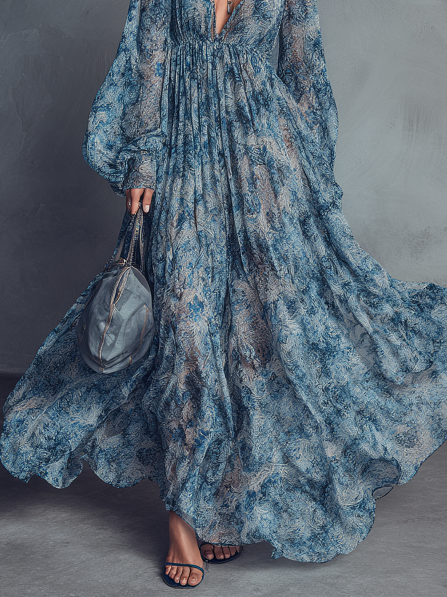 Grace - Bohemian Style Blue Floral Print Chiffon Maxi Dress — view 4