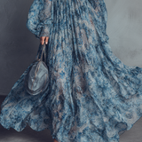 Grace - Bohemian Style Blue Floral Print Chiffon Maxi Dress — view 4