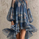 Retro Chiffon Dress with Print and Long Sleeves