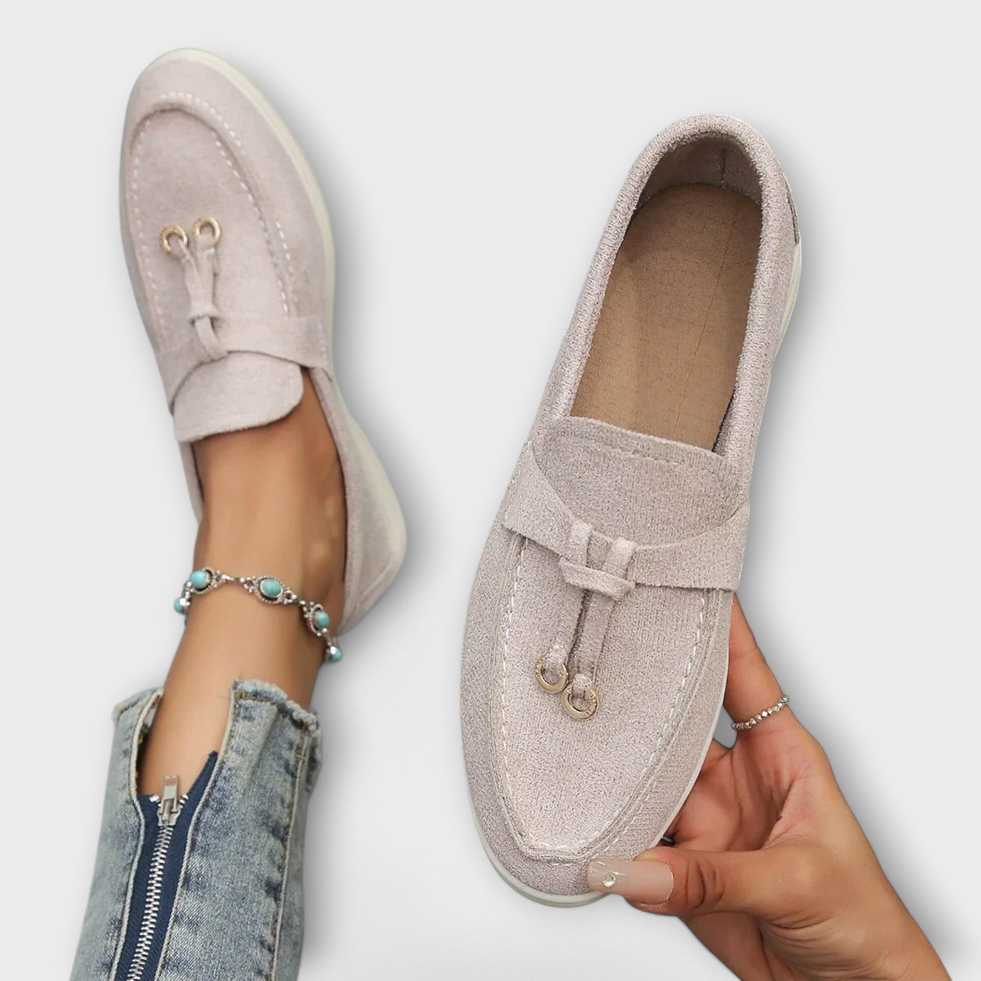 Beige Women's Loafers with Decorative Cord