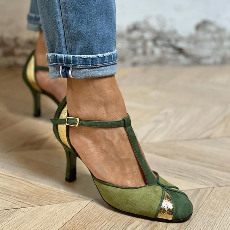 Taviana - Patchwork Pumps with T-Strap and Closed Toe